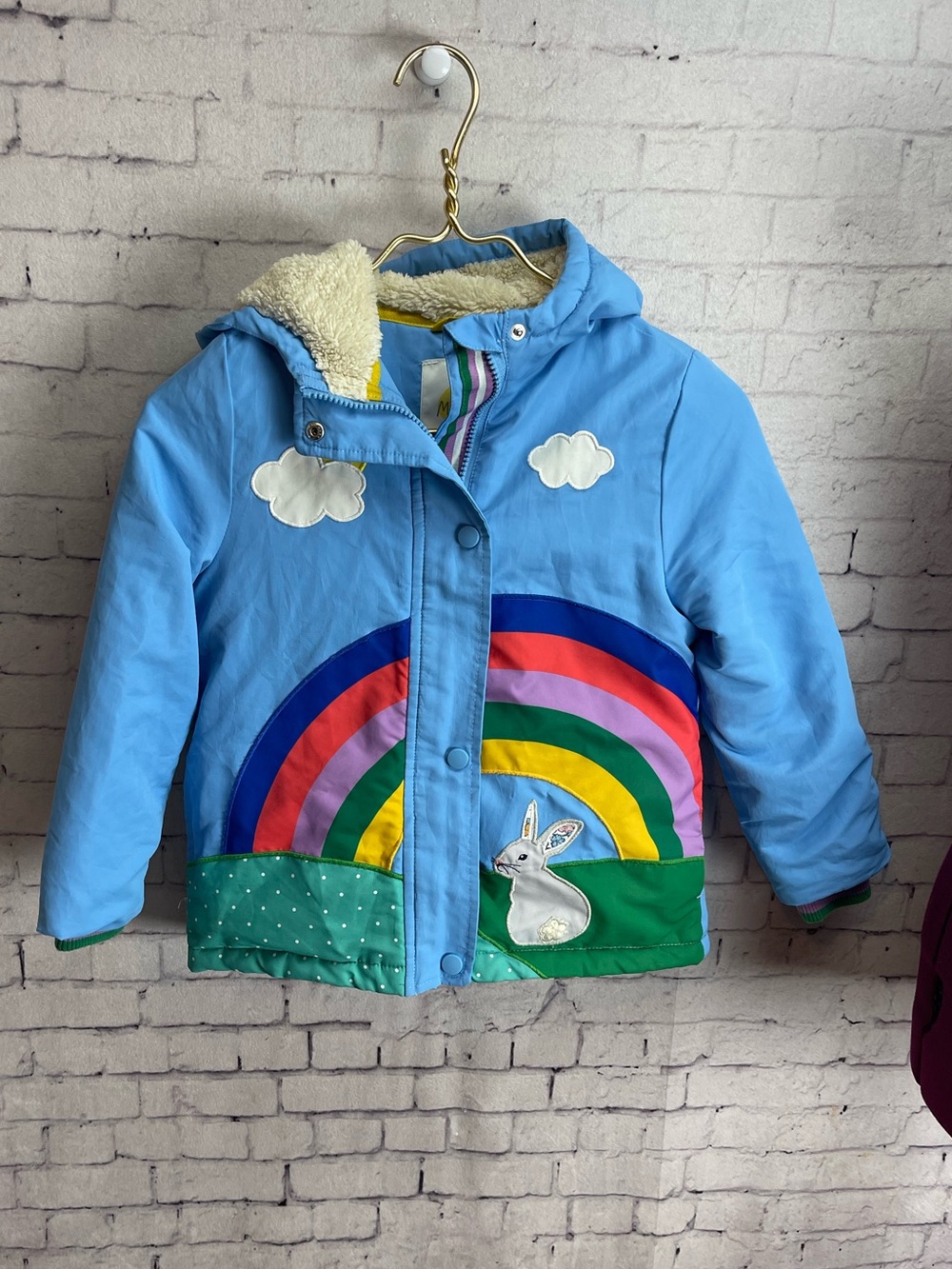 Mini Boden size 6/7 girls jacket blue with rainbow and bunny applique
